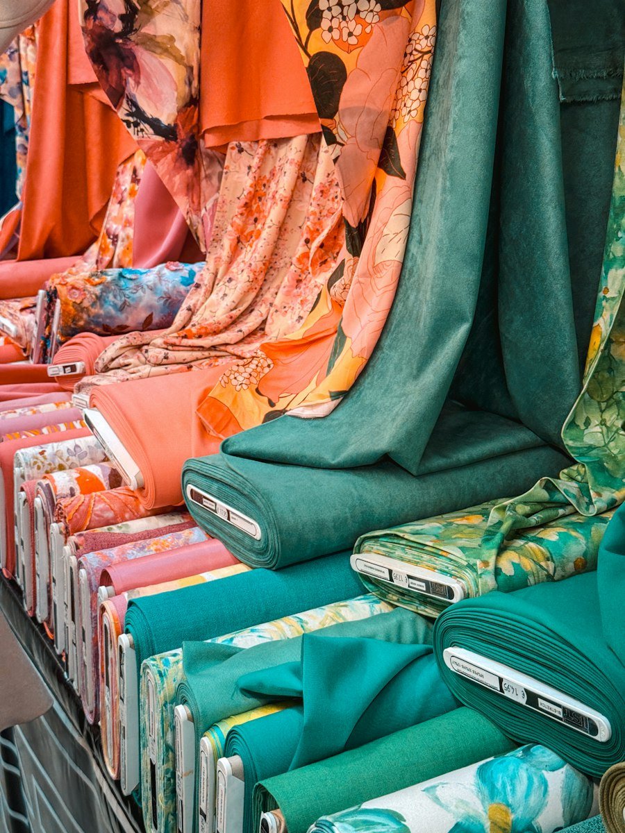 Curtain fabric rolls at a market