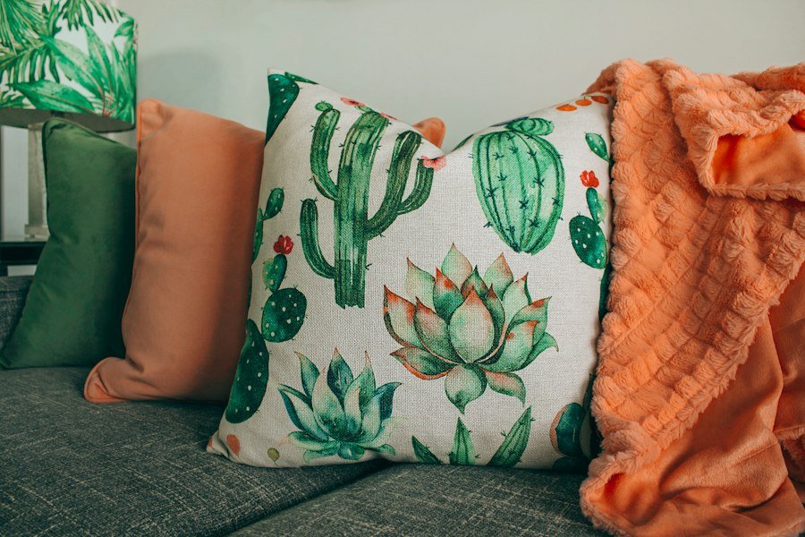 Colourful cushions on a sofa